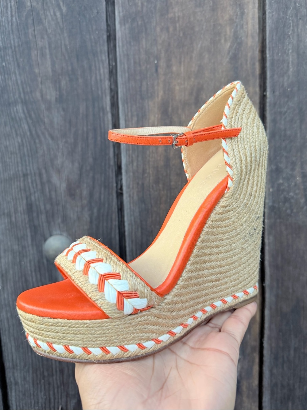 GUCCI S/S 2015 Tiffany Orange Woven Raffia Espadrille Platform Wedge Sandals